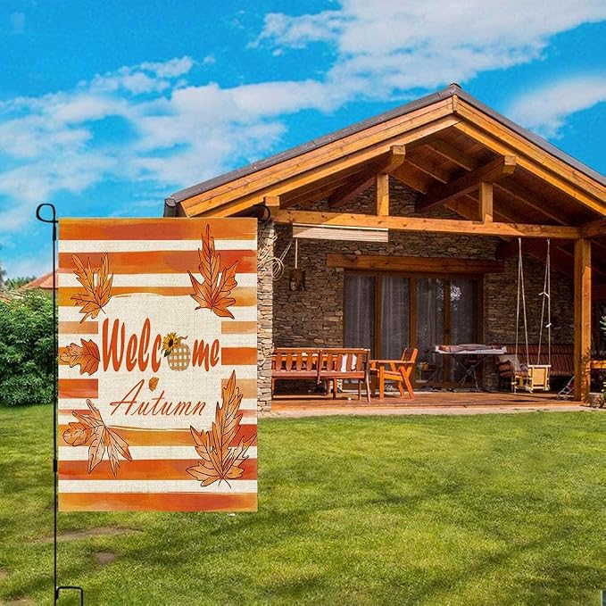 EMMTEEY Welcome Garden Flag Fall Leaf 12.5X18 Double-Sided, Seasonal Yard Flags Welcome Autumn Small Burlap Garden Flags for Outside Front/Back Door