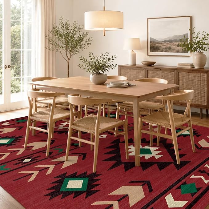 Western Area Rug 4x6 for Living Room, Southwestern Aztec Tribal Area Rugs Southwest Navajo Machine Washable Rug Non-Slip Printed Low-Pile Floor Carpet for Bedroom Dining Room Office, Red