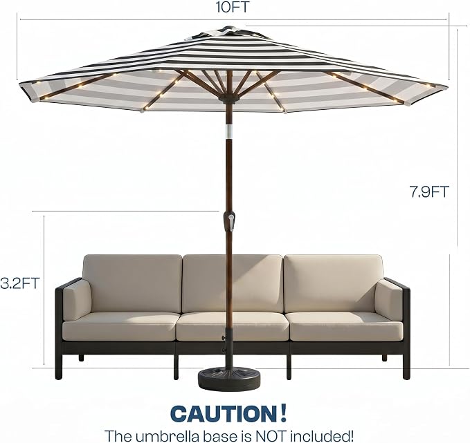 10FT Solar Patio Umbrella with Lights, Outdoor Table Market Umbrella with 32 LED Lights, 8 Sturdy Ribs, Push Button Tilt and Crank for Pool, Deck and Garden, UV-Resistant