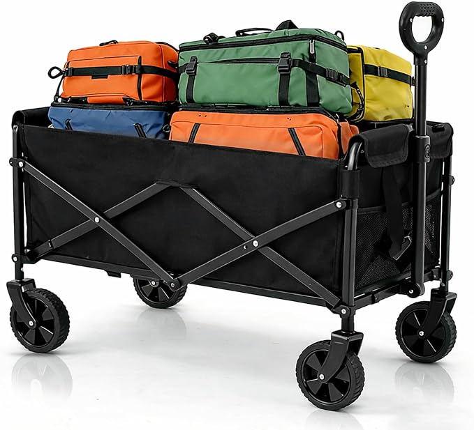 Heavy Duty Collapsible Wagon Cart，350lb Capacity 100L Extra Large Foldable Utility Wagon，Portable Folding Garden Cart with Cup Holders for Camping, Groceries, Beach