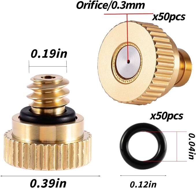 50 Pack Brass Misting Nozzles with 50Pc Brass Misting Nozzles O Ring, Heavy Duty Misting Nozzle 0.012" Orifice (0.3 mm)10/24 UNC for Outdoor Cooling System Dust Control