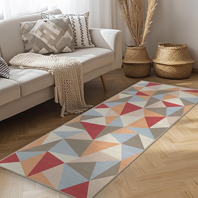 2x6 Colorful Triangle Geometric Runner Rug for Kitchen Entryway Hallway Abstract Modern Area Rug Machine Washable Non-Slip Carpet for Bedroom Bathroom Bedside Entrance