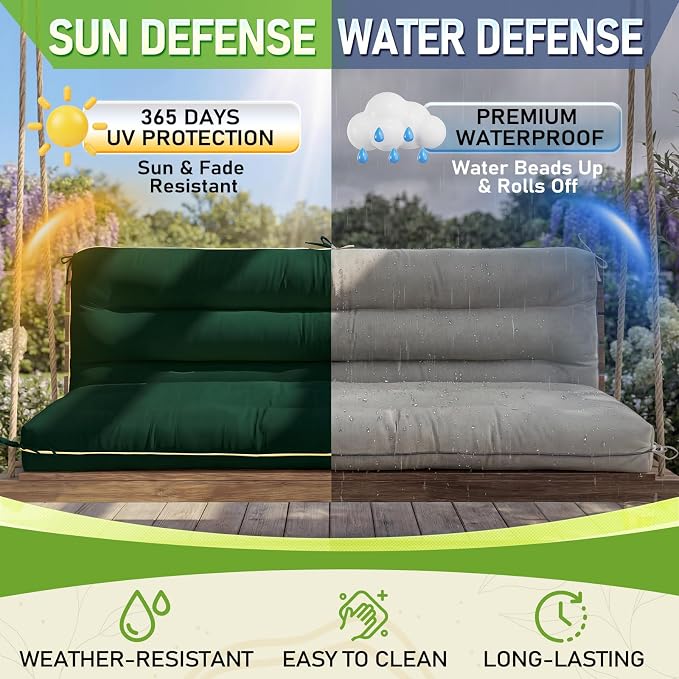 60×40 INCH Outdoor Swing Cushion with Backrest, Tie Straps & Memory Foam - Replacement for Porch Bench 2/3 Seater, Oxford Fabric (Green, 60 INCH × 40 INCH)