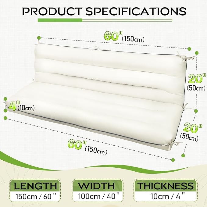 60×40 INCH Outdoor Swing Cushion with Backrest, Tie Straps & Memory Foam - Replacement for Porch Bench 2/3 Seater, Oxford Fabric (Cream, 60 INCH × 40 INCH)