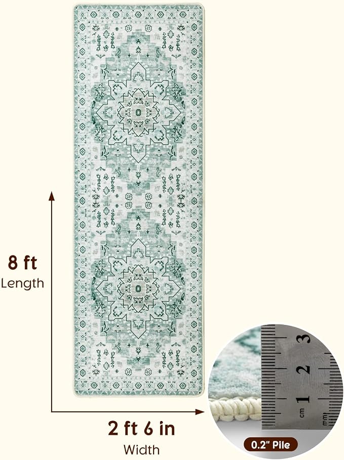LBRO2M Machine Washable Rug Soft Pet Friendly Carpet 2'6" x 8' Green | Persian Runner Rug 2'6"X8' for HallWay, Bedroom, Kitchen, Laundry Room, Non Slip Carpet, Foldable Stain Resistant Rugs