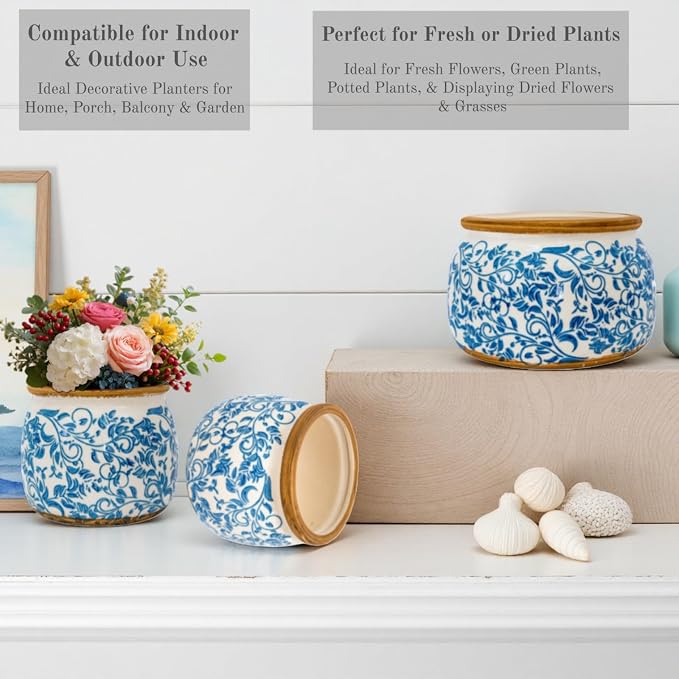 Vintage Ceramic Flower Pot - Indoor Outdoor Planters with Drainage Holes & Filter Screen, 9’’ Large Rustic Farmhouse Decorative Plant Pots for Garden/Patio/Balcony