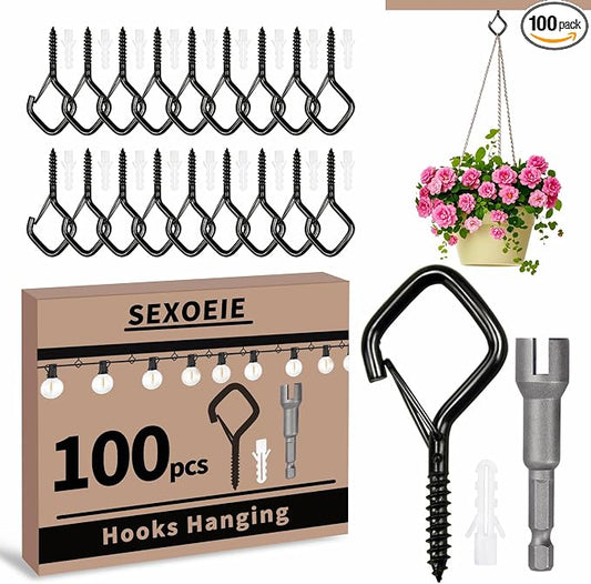 100 PCS Black Eye Screw Hooks for Hanging Heavy Duty with Safety Buckle.Metal Ceiling Hooks for Hanging Plants Cup Wind Chime Bird Feeders Patio Lights At Indoor&Outdoor
