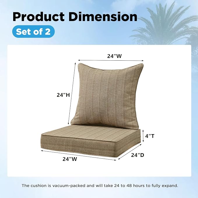 Outdoor Deep Seat & Back Cushion Set (2-Pack), 24 x 24 Inch Water Repellent and Fade Resistant Patio Furniture with Removable Cover for Outside Sofa Couch, Sierra Linen