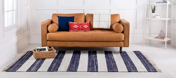 Unique Loom Chindi Rag Collection Area Rug - Striped (12' 2" x 16' 1" Rectangle, Navy Blue/ Ivory)