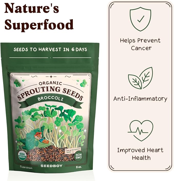 Seedboy Organic Non-GMO Broccoli Seeds for Sprouting - USA Grown Microgreens Sprouting Seeds - 8 oz Bag Makes 8 Quarts / 32 Servings (Broccoli)