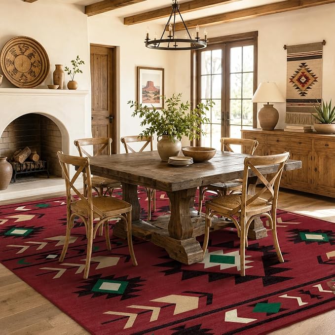8x10 Area Rug for Living Room Western Rug Southwestern Aztec Tribal Rugs Southwest Navajo Machine Washable Non-Slip Printed Low-Pile Floor Carpet for Bedroom Dining Room Office, Red