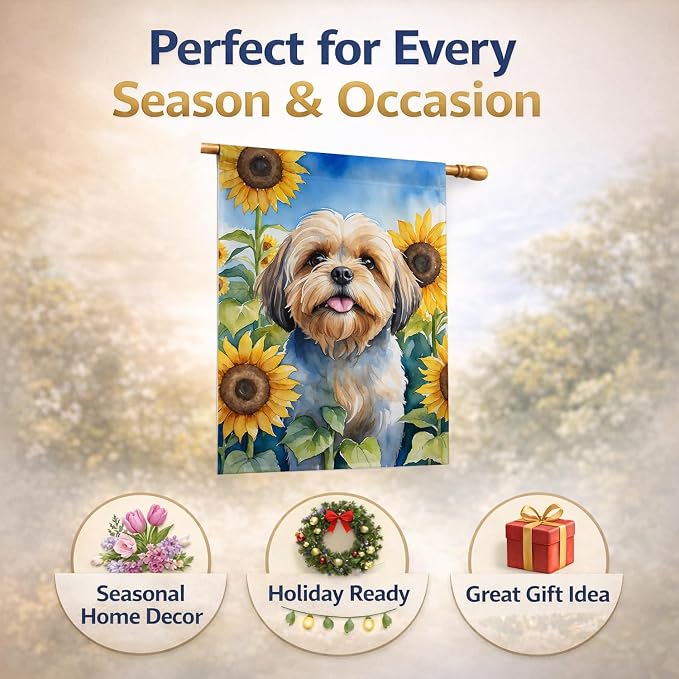 Caroline's Treasures DAC6116CHF Lhasa Apso in Sunflowers House Flag Large Porch Sleeve Pole Decorative Outside Yard Banner Artwork Wall Hanging, Polyester, House Size, Multicolor