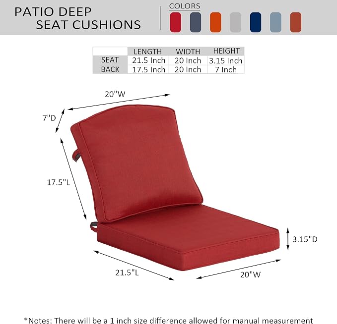 20"x21.5" Outdoor Deep Seat Patio Cushions Set of 2, Outdoor Chair Cushions Bottom Resilient Foam Filling Water-Resistant UV Resistant Weather Resistant with YKK Zippers,Chili