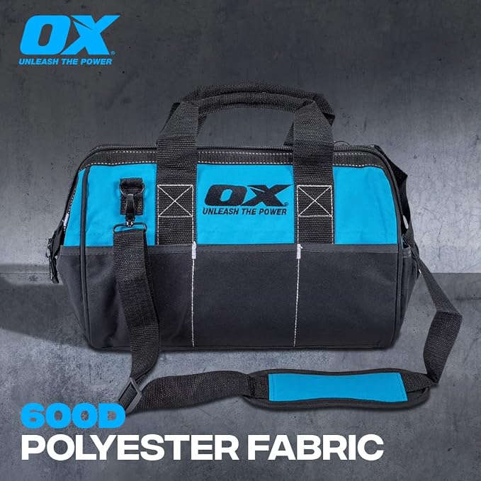 OX Pro 15-Inch Wide Mouth Tool Bag with Shoulder Strap Heavy Duty PVC Nylon with Reinforced Stitching - Bulto Para Herramientas