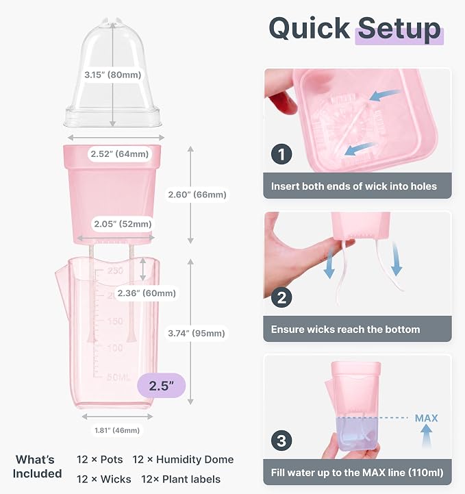 12 Pack 2.5" Small Pink Self Watering Pot with Humidity Dome for Indoor Plant,Clear Seed Starter Cup,Tissue Culture Acclimation Kit,Alocasia Corm Propagation,African Violet,Cutting,Seedling