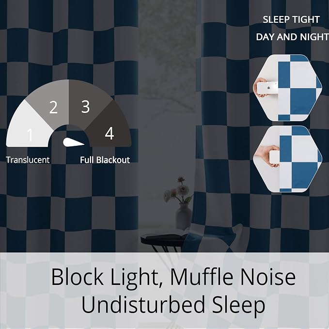 100% Blackout Checkered Curtains – 2 Panels, Each W52×L63, Thermal Insulated, Nosie Reducing for Bedroom, Modern Ocean Blue and White Checkerboard Design