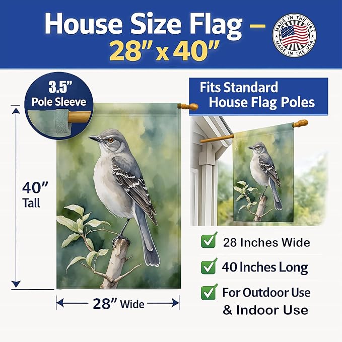 Caroline's Treasures Arkansas Northern Mockingbird House Flag Large Porch Sleeve Pole Decorative Outside Yard Banner Artwork Wall Hanging, Polyester, House Size, Multicolor