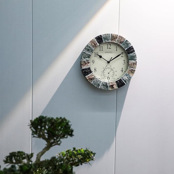 eYotto 10 Inch Small Outdoor Clock Waterproof with Thermometer,Weather-Resistant Non-Ticking Battery Operated Wall Clocks Weatherproof for Patio, Pool, Garden, Lanai, Fence, Porch, Deck