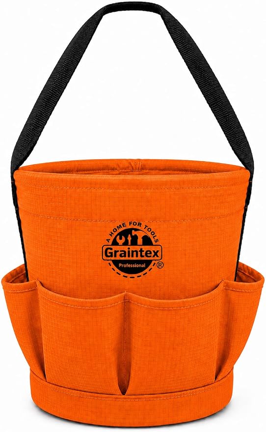 Graintex Tapered Canvas Bucket 12"x10"x15", Utility Tool Bucket 6 Pockets Outside, Reinforced Base & Carry Handle, Ripstop Canvas, Multi-Purpose Bag for Jobsite & Home Use