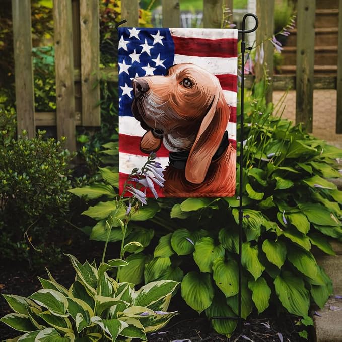 Caroline's Treasures CK6683GF Sabueso Espanol Dog American Flag Garden Flag Mailbox Flag Decorative Yard Flag Banner Outside Patio Artwork Yard Flower Beds, Garden Size, Multicolor