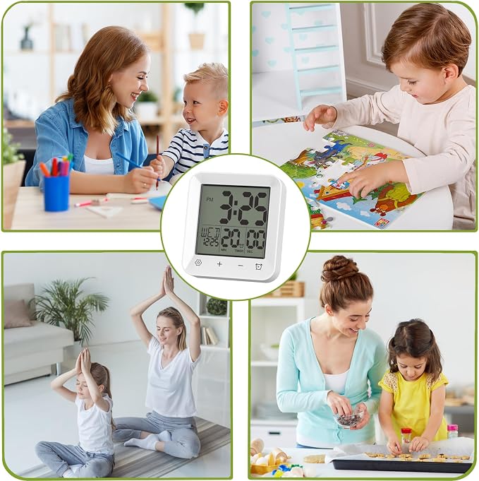 Digital Shower Clock Waterproof, Bathroom Wall Clock Timer with Touch Screen, Temperature, LCD Display, Suction Cup Hanging Hole Stand for Kids and Adults