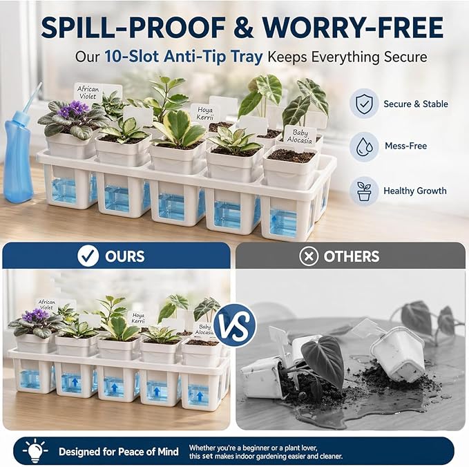 10 Pack 2.5" Self Watering Pots for Indoor Plants with Anti-Tip Tray & Reservoir Refill Bottle, Seed Starter Kit for Seedlings, Cuttings, Succulents, Herbs