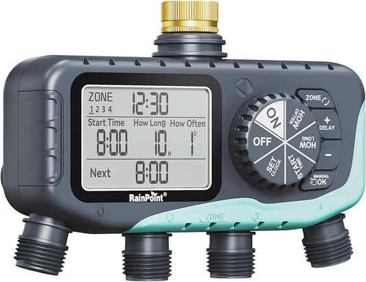RAINPOINT 4-Zone Sprinkler Timer, 2027 New Version 4 Outlets Hose Water Timer, Automatic Irrigation Controller with Rain Delay & Manual Mode for Lawn & Garden Irrigation