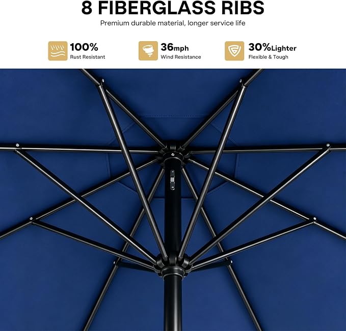Sannwsg 9/10 FT Patio Umbrella Outdoor with 8 Premium Fiberglass Ribs, Push Button Tilt and Crank, UV Protection Table Market Umbrella for Pool, Porch, Garden, Deck, Backyard, Outside