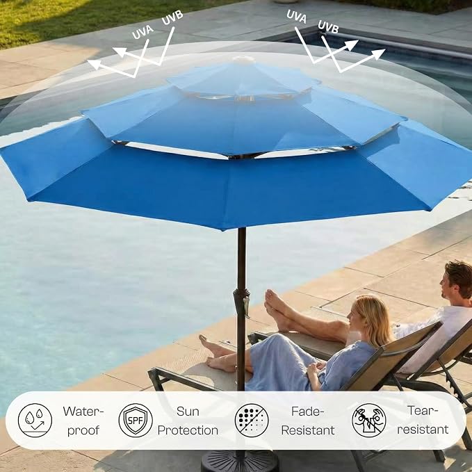 10ft 3-Tier Patio Umbrella with 32 Solar Powered LED Lights, Windproof Outdoor Market Umbrella for Deck, Poolside & Garden, Sturdy Push-Button Tilt Table Umbrella, Royal Blue