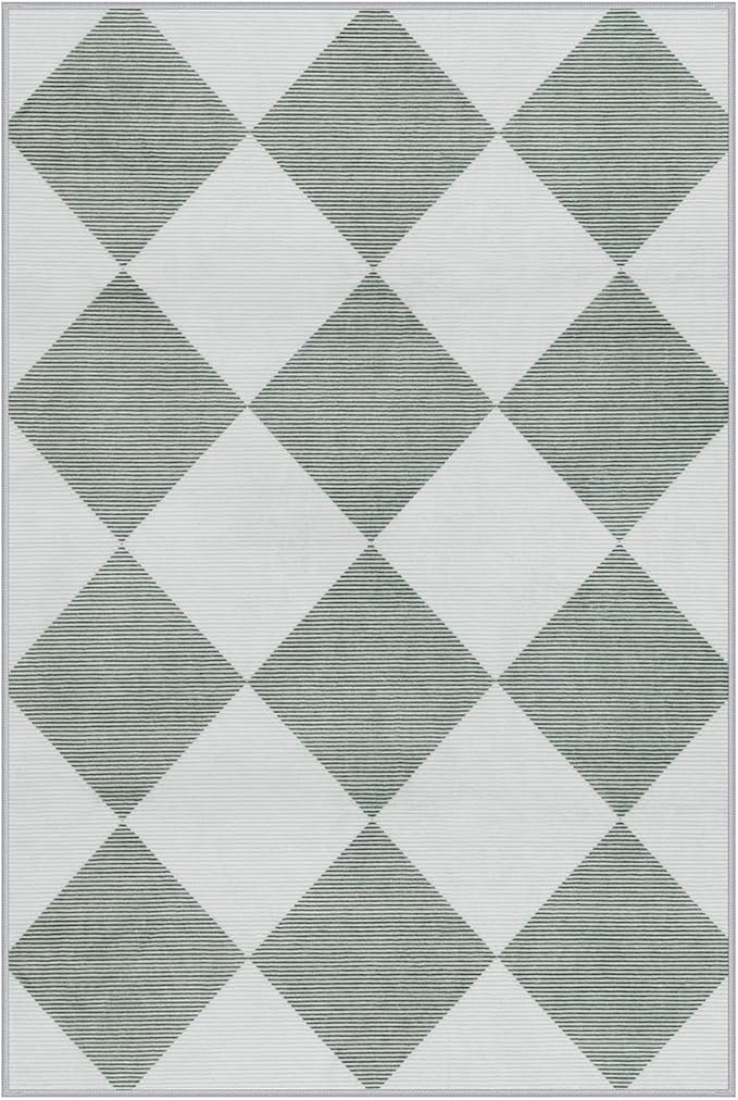 Beeiva Checkered Print Indoor Door Mats for Entryway, 2x3 Washable Bathroom Rug Non Slip Soft Small Rug for Bedroom Ultra Thin, Moroccan Trellis Carpet for Laundry Kicthen Decor (Green/White)