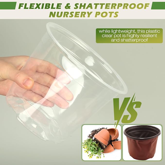 10 Inch Large Size Clear Nursery Pots with Drainage Holes, 5 Packs Plastic Pots for Plants, Transparency Durable Seedling Starter Pot for Succulents Flowers Herb Vegetables