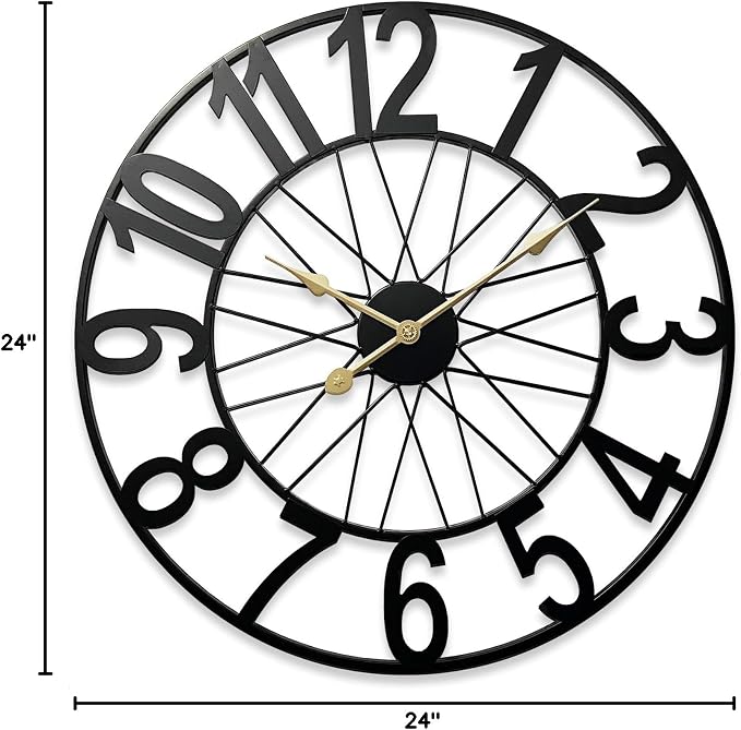 Large Wall Clock, Modern Black Decorative Wall Clock Silent Non Ticking Battery Operated, 24 Inch Wheel Metal Clock for Outdoor Covered Patio, Pool Area, Living Room, Farmhouse, Kitchen