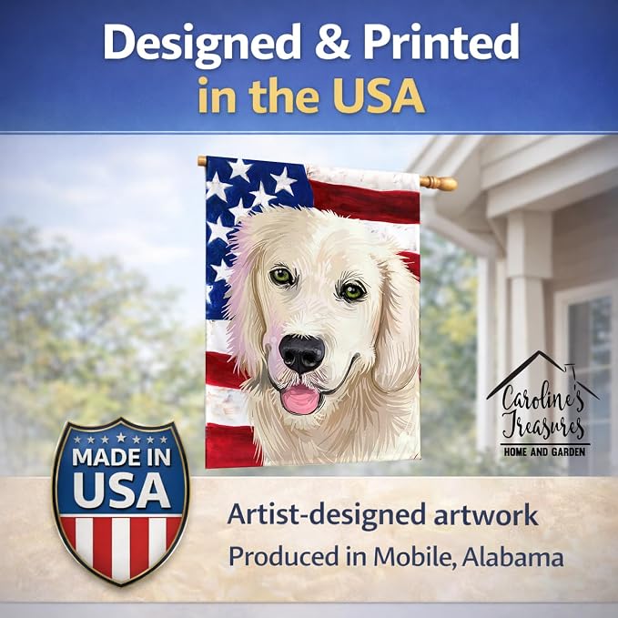 Caroline's Treasures CK6542CHF Golden Retriever Dog American Flag House Flag Large Porch Sleeve Pole Decorative Outside Yard Banner Artwork Wall Hanging, Polyester, House Size, Multicolor