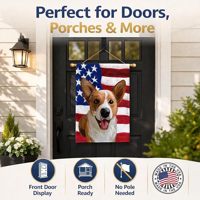 Caroline's Treasures CK6750CHF Cardigan Welsh Corgi American Flag House Flag Large Porch Sleeve Pole Decorative Outside Yard Banner Artwork Wall Hanging, Polyester, House Size, Multicolor