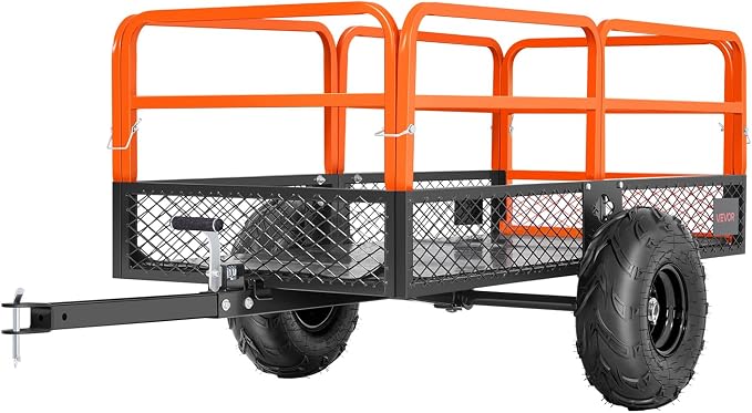 VEVOR 22 Cu.Ft 1600Lbs Steel ATV UTV Trailer Tow Behind Dump Cart, Heavy Duty Pull Behind Utility Dump Trailer for Lawn Mower Trailer Tractor Garden Yard with Removable Rear Panel