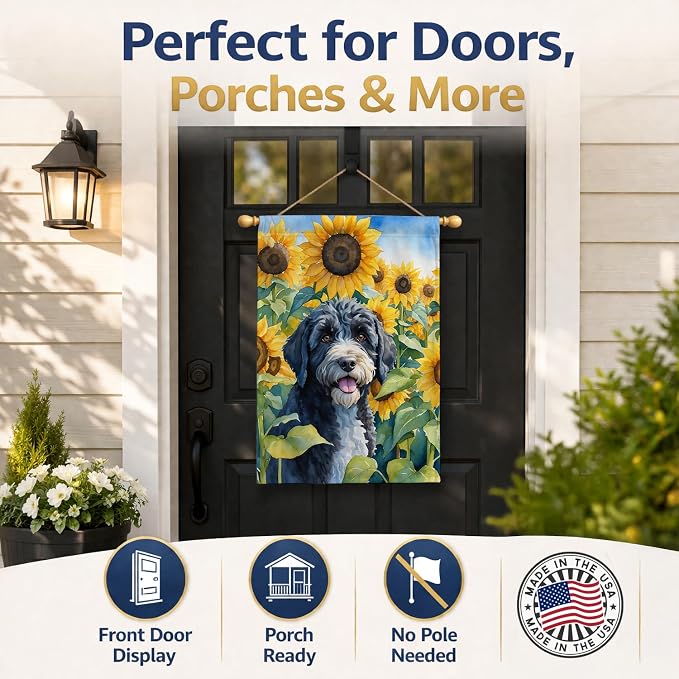 Caroline's Treasures DAC6143CHF Portuguese Water Dog in Sunflowers House Flag Large Porch Sleeve Pole Decorative Outside Yard Banner Artwork Wall Hanging, Polyester, House Size, Multicolor