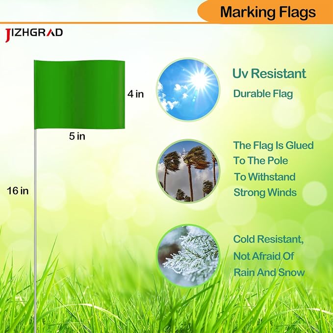 100Pack Green Marking Flags, JIZHGRAD 16x4x5 Inch Marker Flags Use for Yard & Lawn, Boundary & Dog Training, Survey & Landscape, Sprinkler & Surveyor, Garden & Construction, High Visibility, Sturdy, Versatile, UV & Weather Resistant