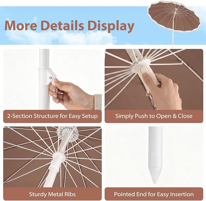 Tangkula 7FT Beach Umbrella with Fringe, Outdoor Boho Umbrella with Tassels, Push Button Tilt, Sand Anchor, 16 Ribs, Vintage Patio Umbrella with Carry Bag for Sand Deck Pool Garden Backyard (Tan)