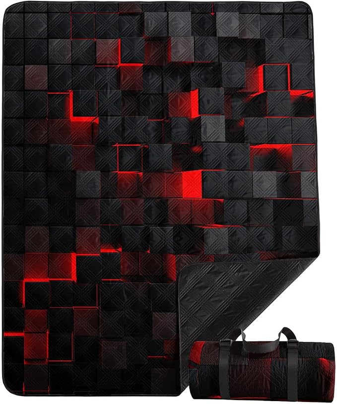 Outdoor Picnic Blanket Portable Ultrasonic Waterproof Picnic Black Red Stereoscopic Square Printed Camping Beach Mat for Sand and Wet Grass Hiking (Black Red Square L