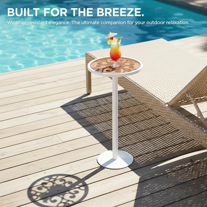 White Drink Table with Amber Tempered Glass Top, Indoor Outdoor Small Round Side Table, 24.7" Metal Pedestal End Table for Living Room, Patio, Sunroom, Boho Mid-Century Modern Decor, Cream
