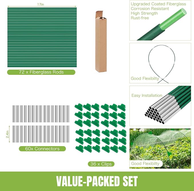 joyhalo Garden Hoops for Raised Beds, 72pcs (12 Sets) Fiberglass Hoops with PVC Coating, DIY Greenhouse Tunnel for Row Cover, Bird Netting & Plant Protection, Extend Growing Season