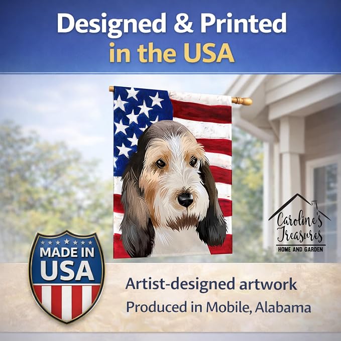 Caroline's Treasures CK6419CHF Grand Basset Griffon Vendeen American Flag House Flag Large Porch Sleeve Pole Decorative Outside Yard Banner Artwork Wall Hanging, Polyester, House Size, Multicolor