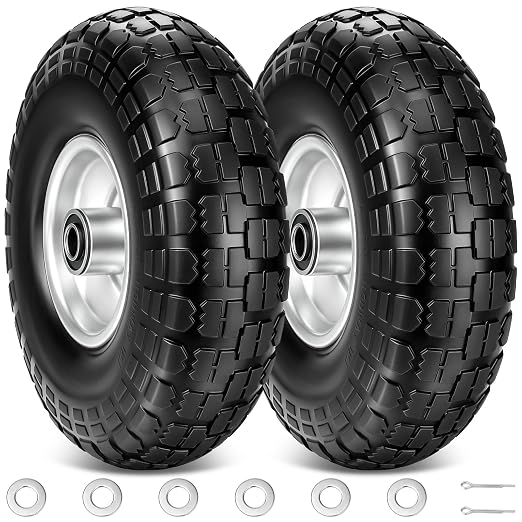 TICONN 10" Solid Tires, 2 Pack Flat Free 4.10/3.50-4'' Wheels with 5/8” Axle Bore Hole and Double Sealed Bearings (Silver, 2PK)