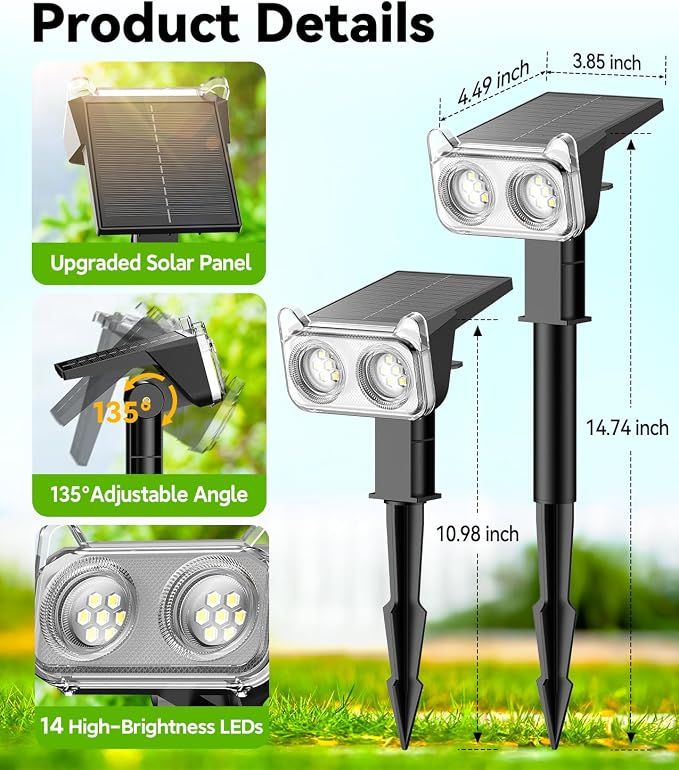 LETMY Solar Lights Outdoor Waterproof IP65, 6 Pack Solar Spot Lights Outdoor with 14 Big LEDs, 2-in-1 Wall Lights & 2 Modes Solar Landscape Spotlights for Pathway Yard Decor Garden Gifts (Warm White)