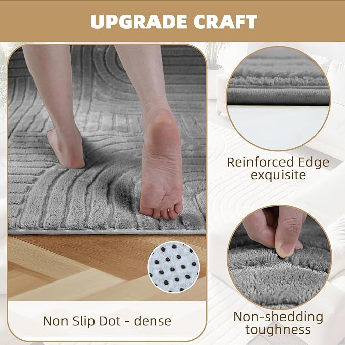 Grey Geometric 5x7 Solid Area Rug, Washable for Living Room Bedroom | Ultra Soft Thick Boho High-Low Pile Textured Indoor Carpet, Fluffy, Non-Slip Rugs for Bedside, Kids Room, Nursery,Home Office