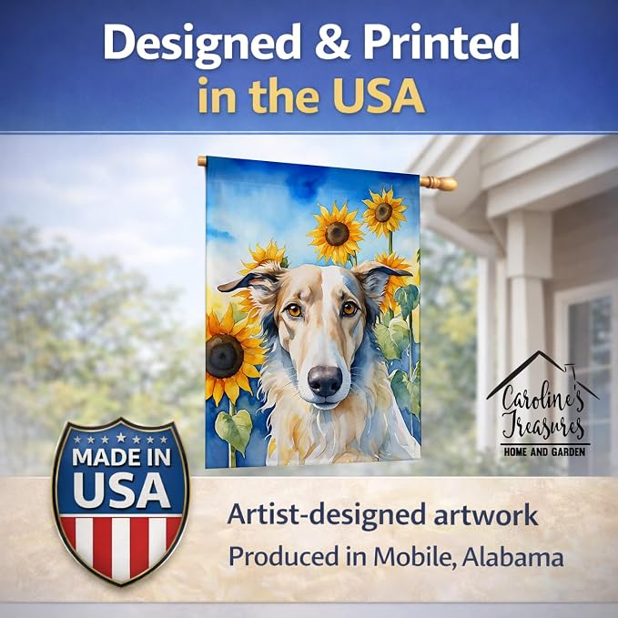 Caroline's Treasures DAC6035CHF Borzoi in Sunflowers House Flag Large Porch Sleeve Pole Decorative Outside Yard Banner Artwork Wall Hanging, Polyester, House Size, Multicolor