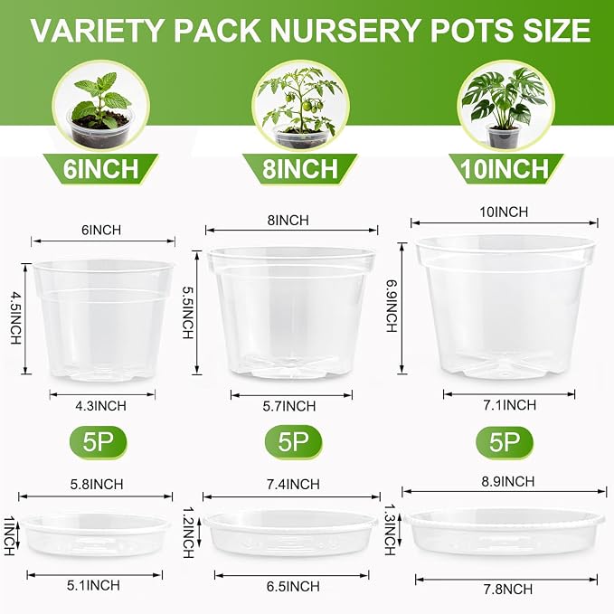 6/8/10 Inch Clear Nursery Pots with Saucers and 15 Pack Plant Labels,Transparent Plastic Plant Pots with Drainage Holes,Sturdy Seed Starter Pots for Succulents,Herbs,Flowers,Indoor Outdoor Plants