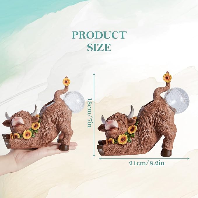 WDS WONDROUS Solar Highland Cow Outdoor Decor with LED Butt Light, Garden Cow Decorations for Home with Sunflowers, Resin Highland Cow Figurine Gifts for Women Yard Porch Decor Farmhouse Night Light