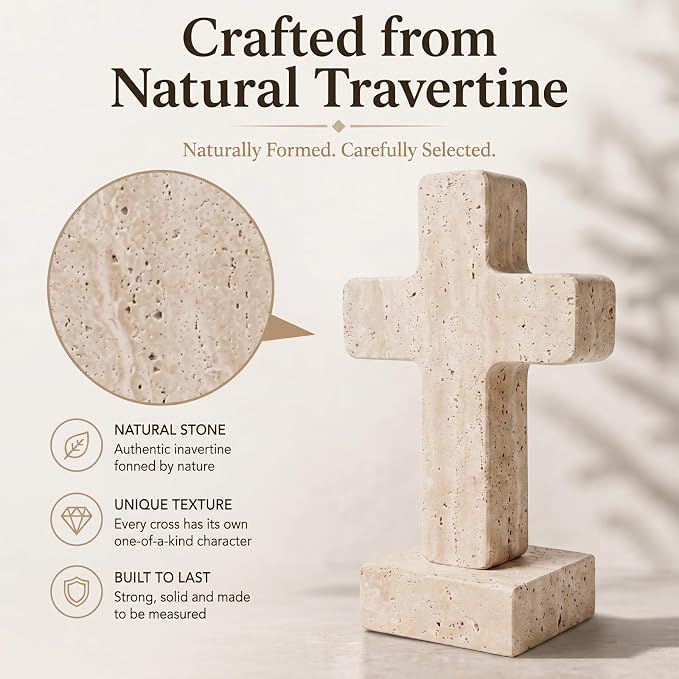 Natural Travertine Cross Decor for Home, Standing Christian Cross for Tabletop, Fireplace & Shelf, Catholic Religious Gift for Women Men, Stone Sculpture for Prayer Room