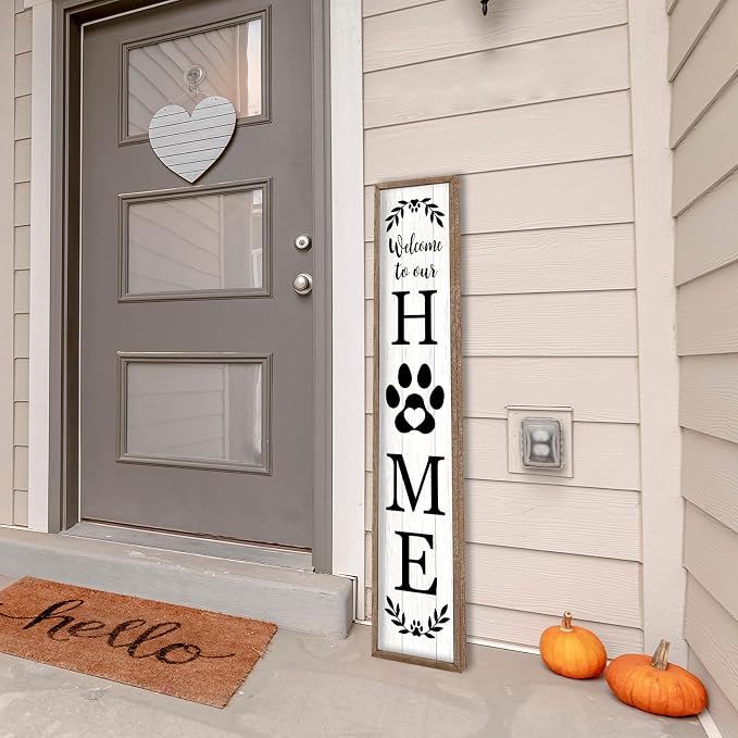 Welcome To Our Home Sign For Front Porch Standing 45"X9" Wooden Framed Dog Paw Welcome Print Large Farmhouse Rustic Long Outdoor Tall Vertical Home Front Door Wall Decor (Wood White)